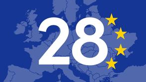 Map of Europe with the number 28 and four yellow stars on a blue background.