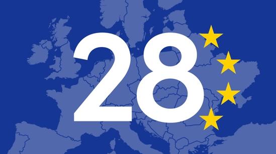 Map of Europe with the number 28 and four yellow stars on a blue background.