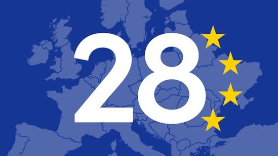 Map of Europe with the number 28 and four yellow stars on a blue background.