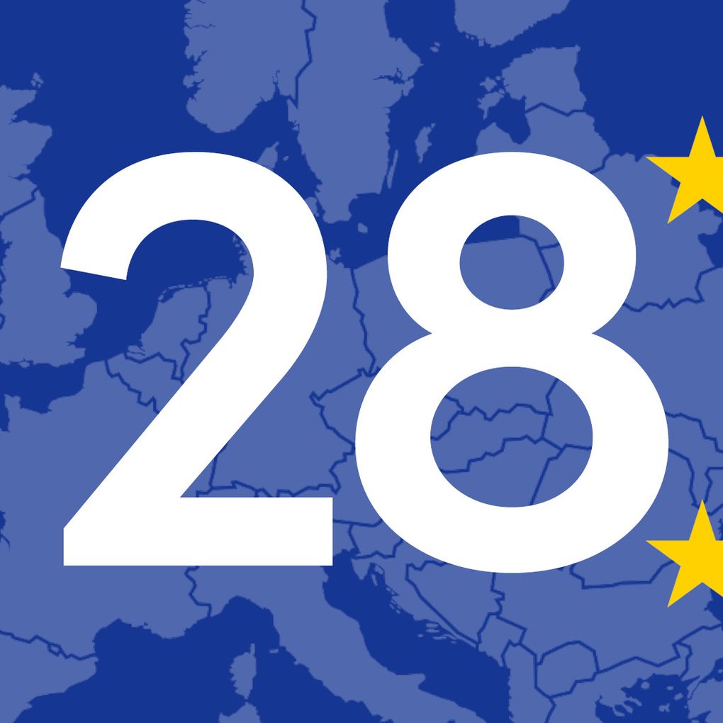 Map of Europe with the number 28 and four yellow stars on a blue background.