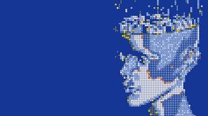 A stylized head on a blue background.