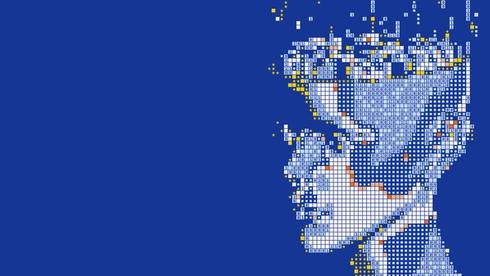 A stylized head on a blue background.