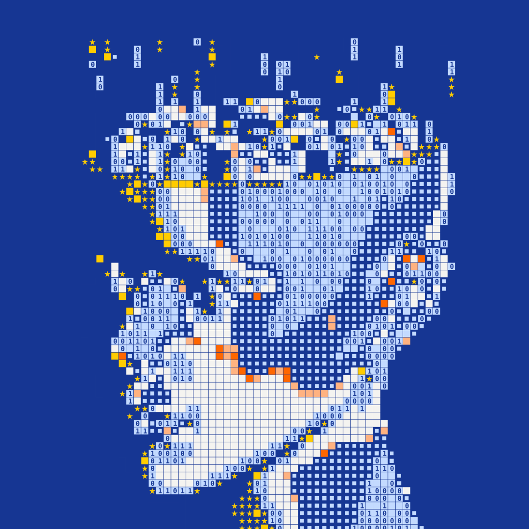 A stylized head on a blue background. 