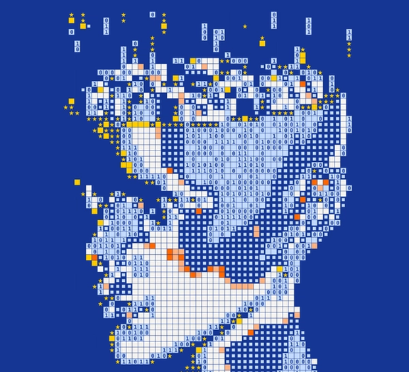 A stylized head on a blue background.