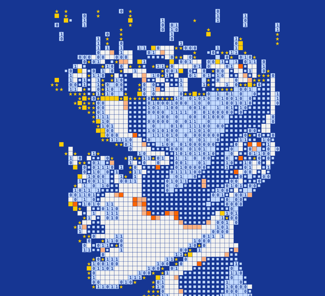 A stylized head on a blue background.