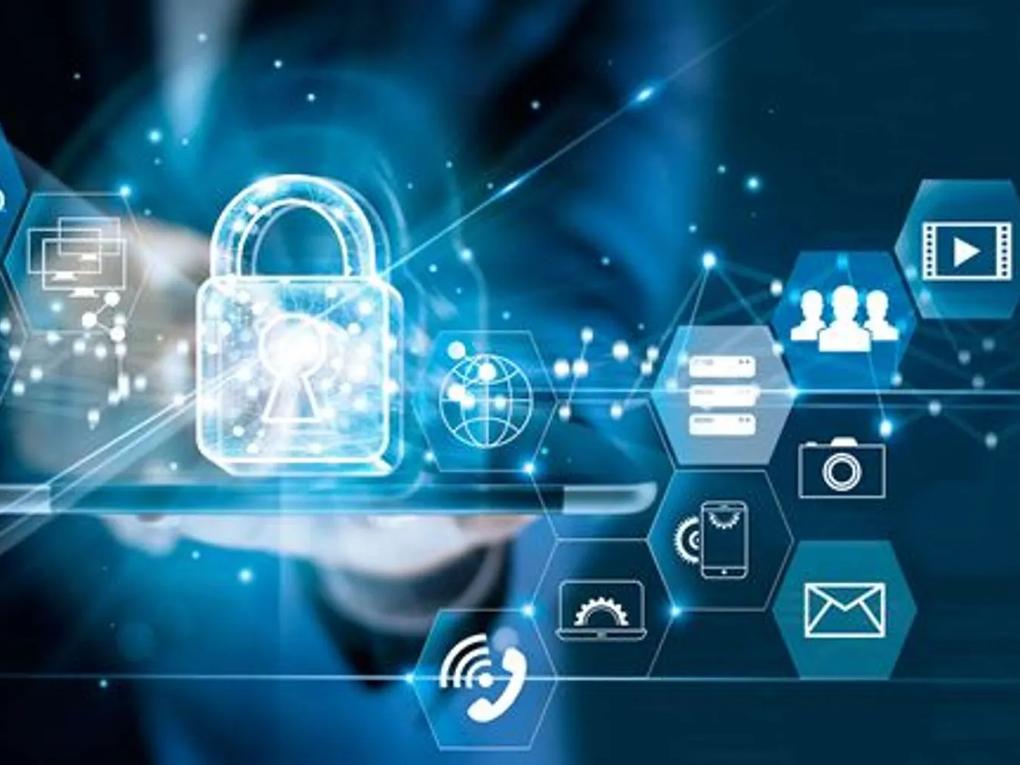A digital security concept featuring a glowing lock icon surrounded by hexagonal icons representing various technologies.