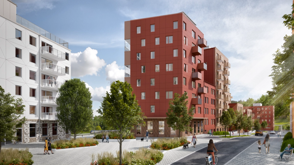Two apartment buildings with a park and people walking in the park