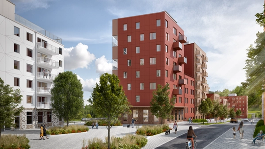 Two apartment buildings with a park and people walking in the park