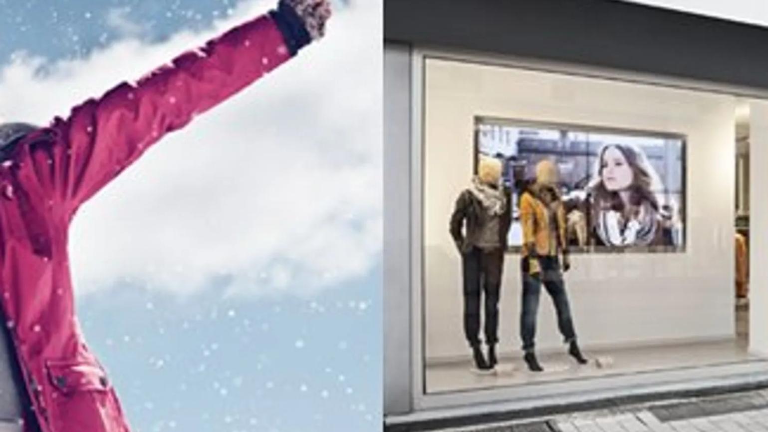 A split image with a person in a red winter coat raising their arm in the snow on the left, and a store window display with mannequins dressed in winter clothing on the right.