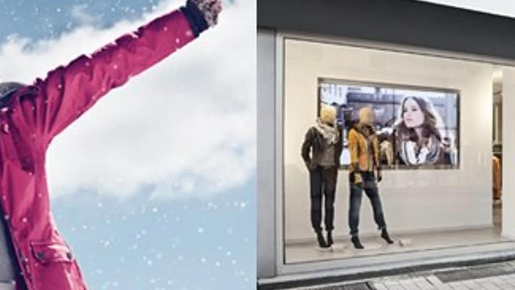 A split image with a person in a red winter coat raising their arm in the snow on the left, and a store window display with mannequins dressed in winter clothing on the right.