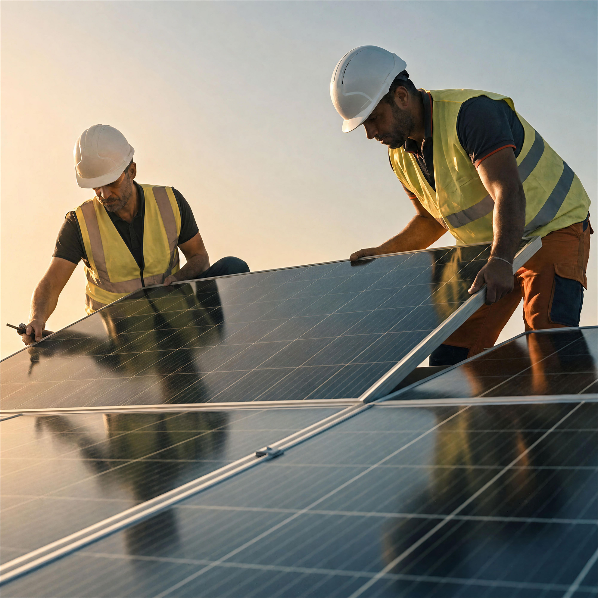 Two blue collar workers working with solar panels 