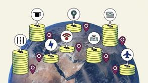 A graphic of a globe with stacks of dollar coins on various parts of the world with circular icons representing industries such as hospitals, rail, roads, airports utilities and education.
