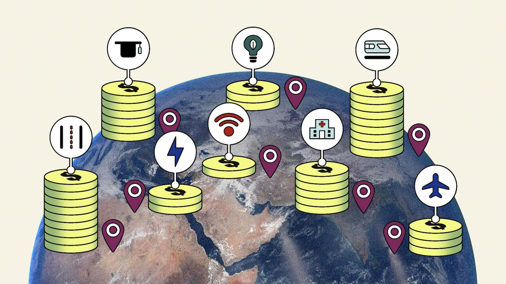 A graphic of a globe with stacks of dollar coins on various parts of the world with circular icons representing industries such as hospitals, rail, roads, airports utilities and education.
