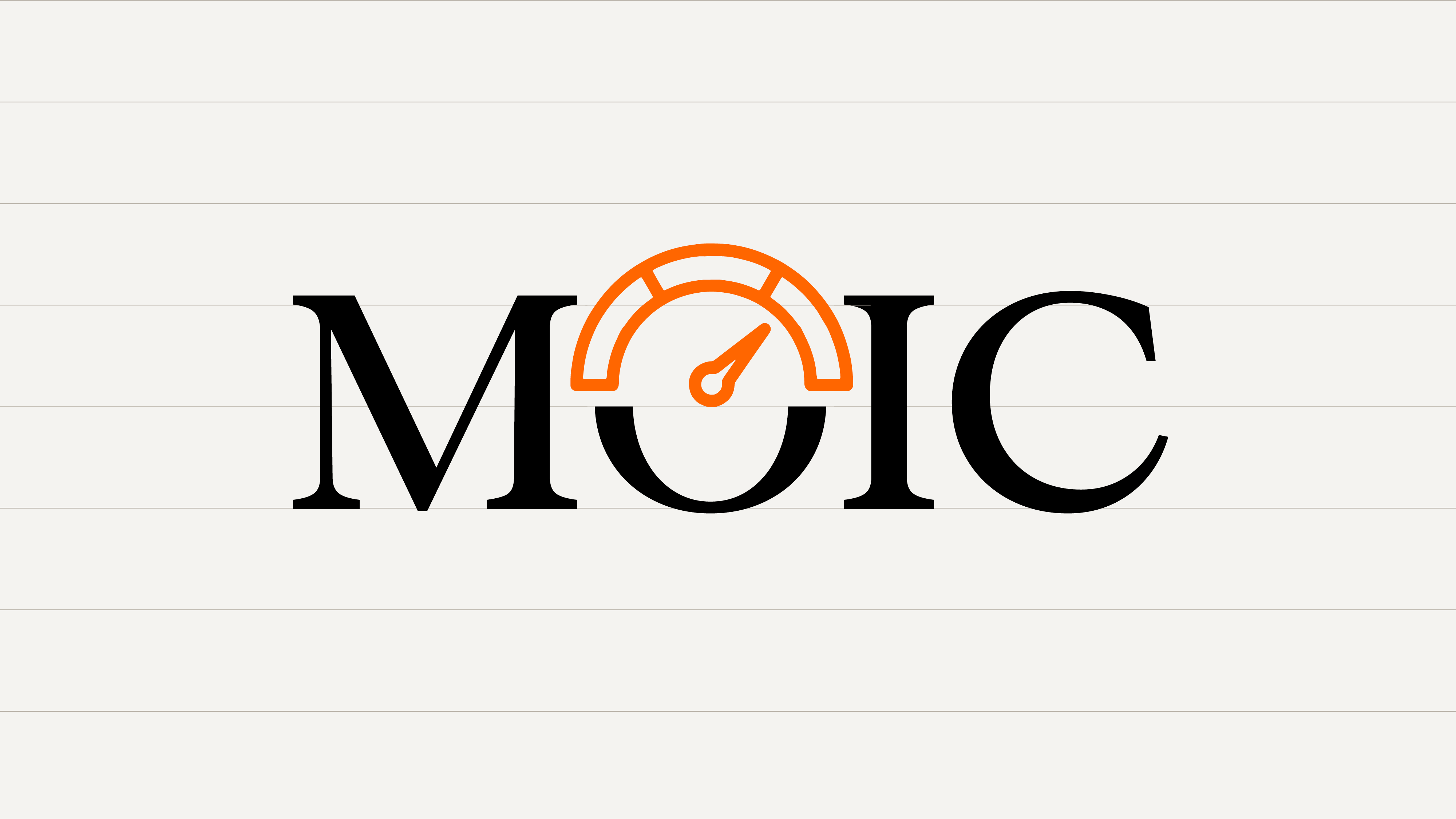 The acronym MOIC in large black serif letters with an orange speedometer gauge icon replacing the top of the letter O.
