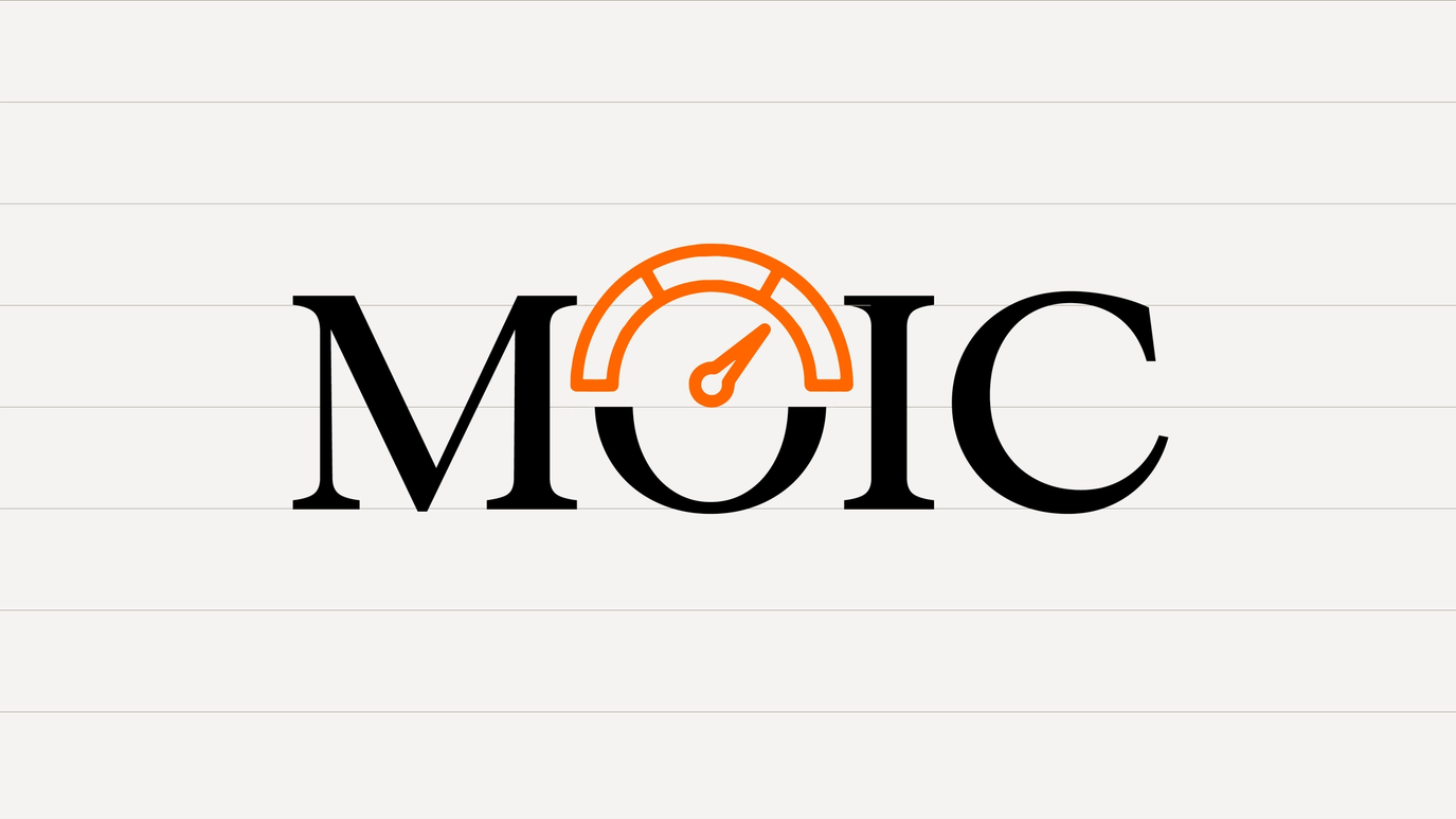 The acronym MOIC in large black serif letters with an orange speedometer gauge icon replacing the top of the letter O.