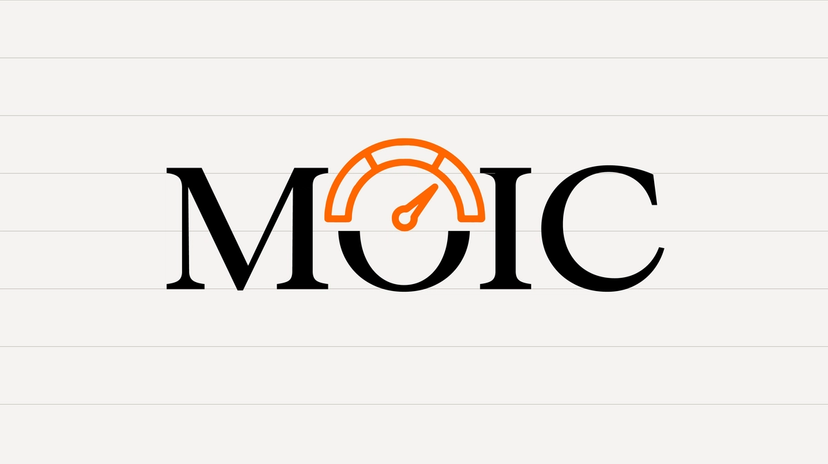 The acronym MOIC in large black serif letters with an orange speedometer gauge icon replacing the top of the letter O.