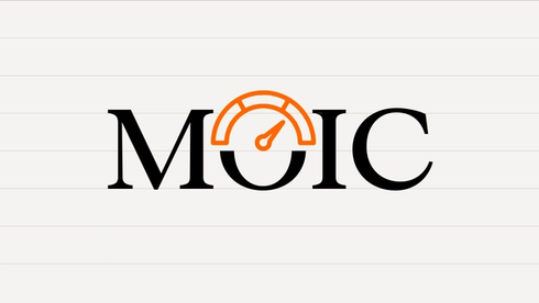 The acronym MOIC in large black serif letters with an orange speedometer gauge icon replacing the top of the letter O.
