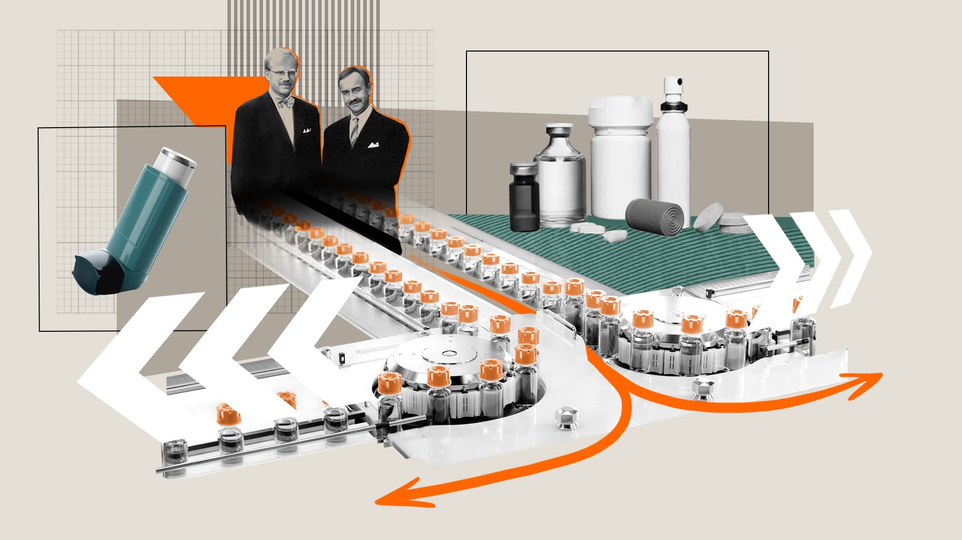 A collage-style illustration featuring a medicine production line with vials, an inhaler, various medicine bottles, and two vintage portraits, with bold orange and white arrows indicating movement.