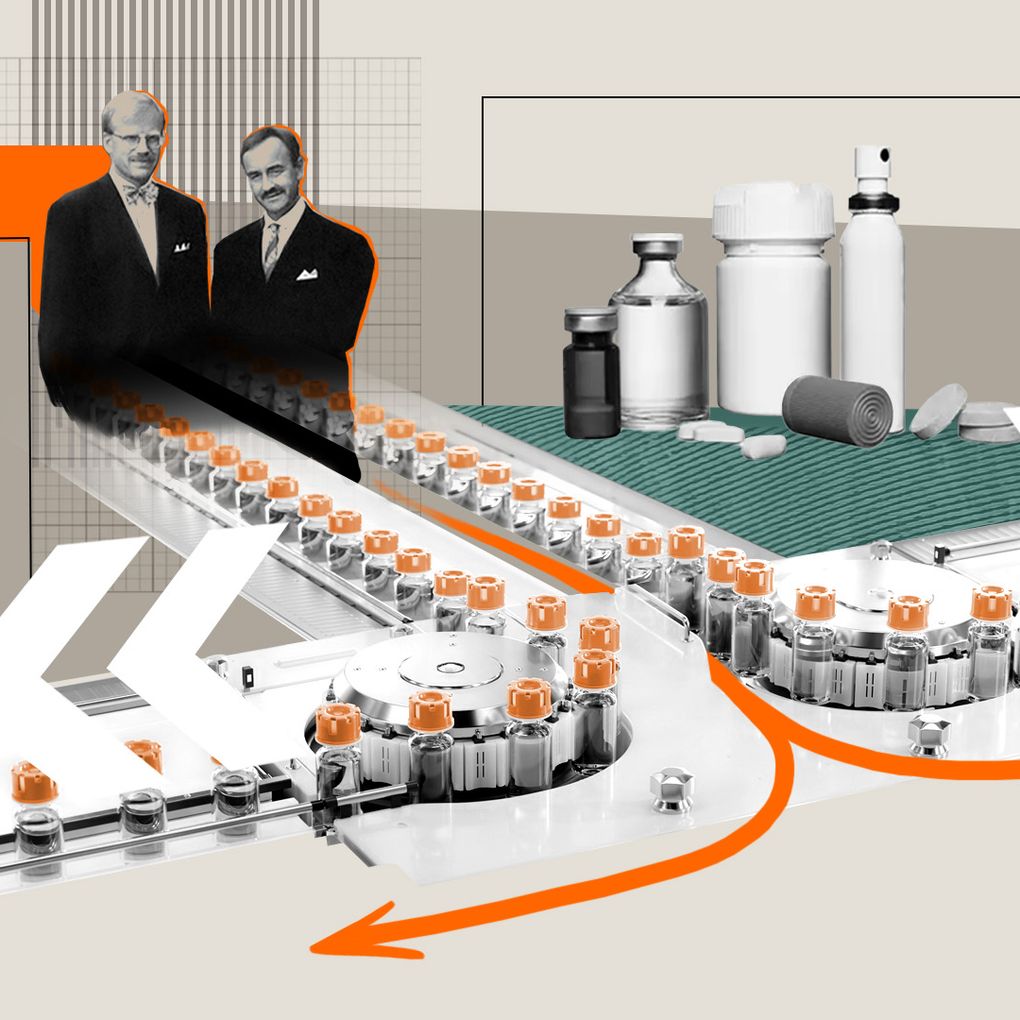 A collage-style illustration featuring a medicine production line with vials, an inhaler, various medicine bottles, and two vintage portraits, with bold orange and white arrows indicating movement.