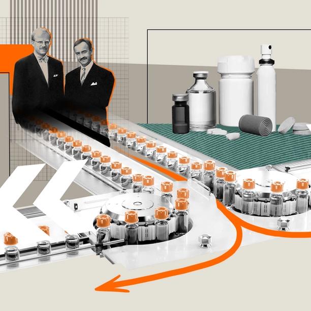 A collage-style illustration featuring a medicine production line with vials, an inhaler, various medicine bottles, and two vintage portraits, with bold orange and white arrows indicating movement.
