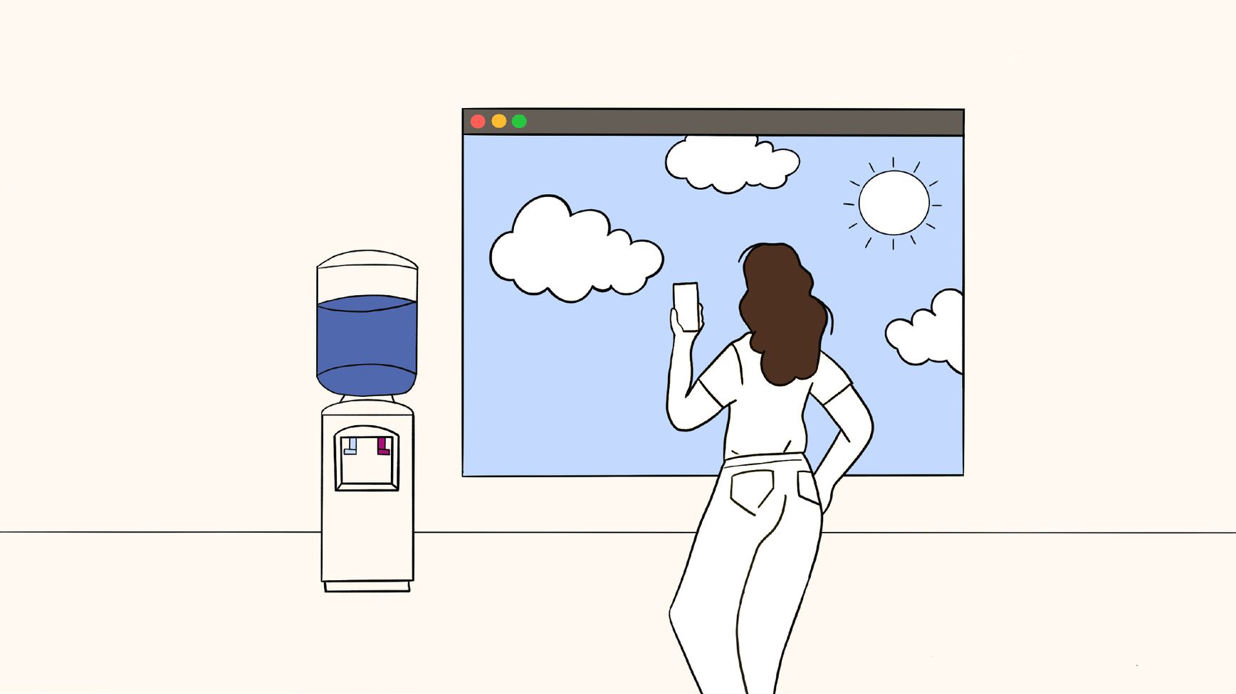 Animated image of a woman looking out of the window while holding up her mobile phone