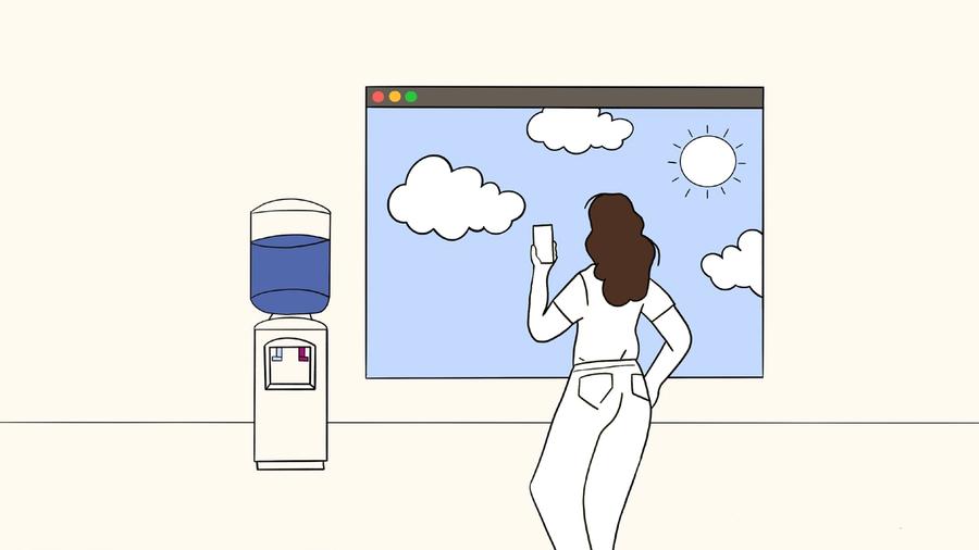Animated image of a woman looking out of the window while holding up her mobile phone