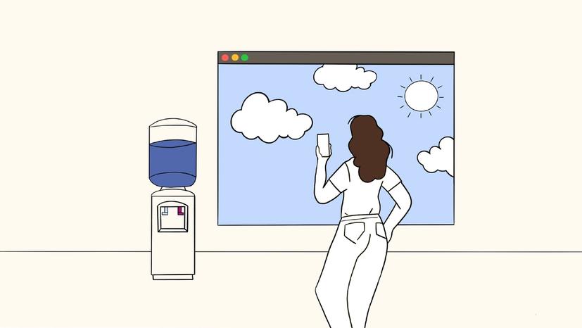 Animated image of a woman looking out of the window while holding up her mobile phone