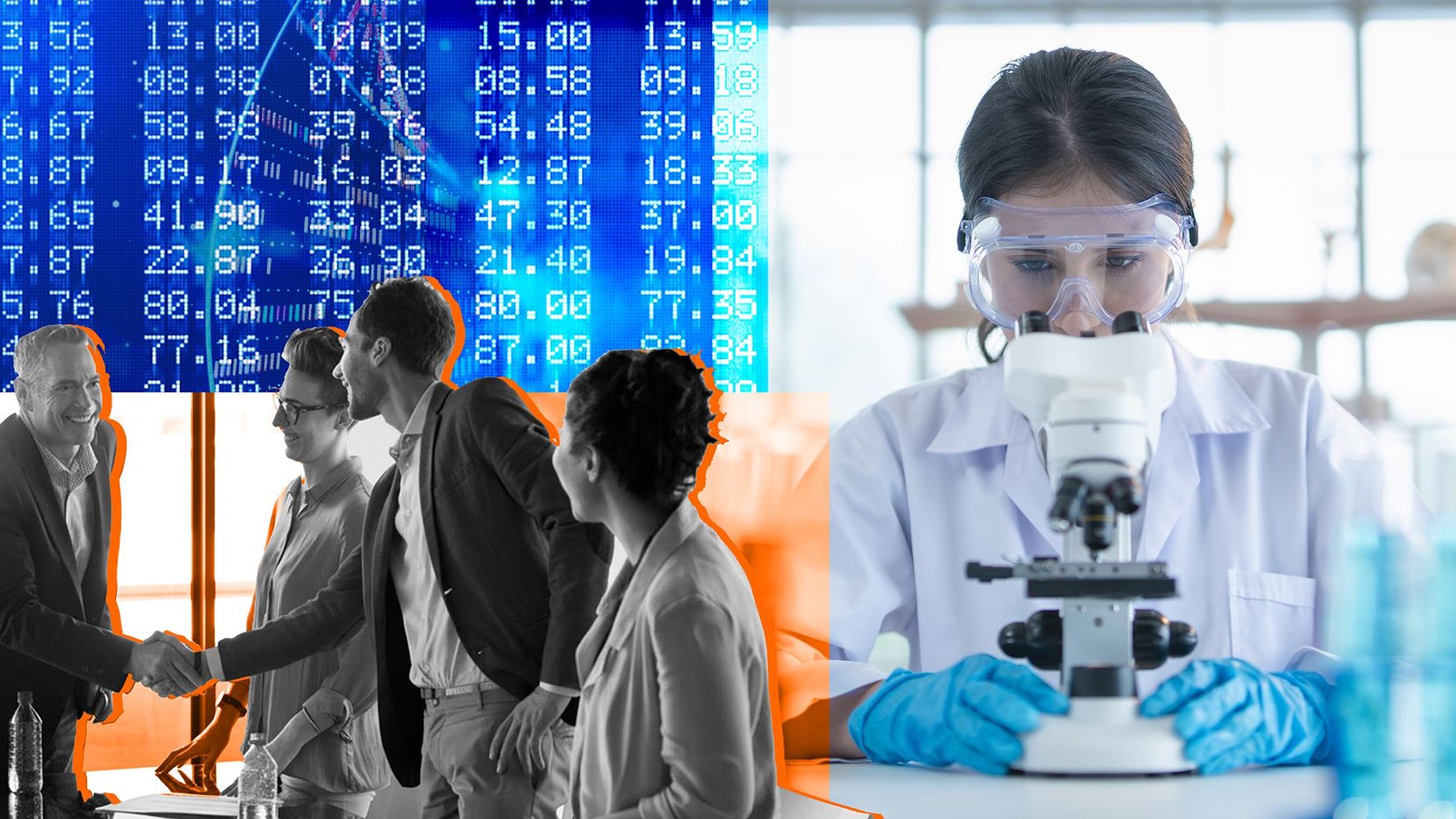 Collage showing business people shaking hands in front of financial data and a scientist examining a sample with a microscope.