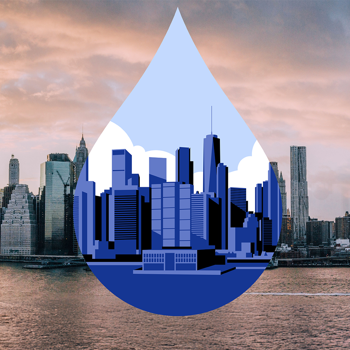 A city skyline at sunset with a large blue water droplet graphic in the center, containing an illustrated cityscape.