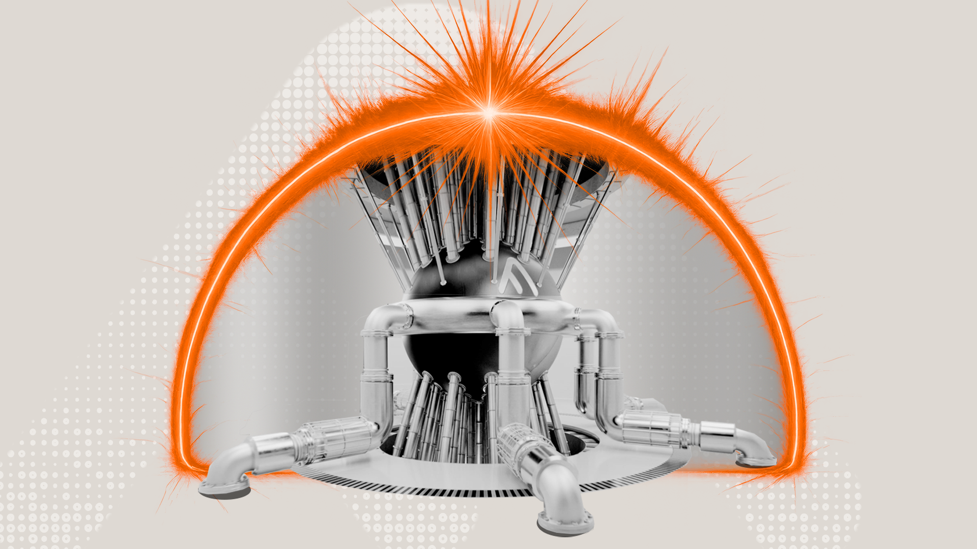 Stylized illustration of a futuristic energy facility with glowing orange fusion‑like particles arching over modern residential buildings.