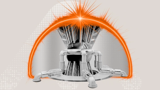 Stylized illustration of a futuristic energy facility with glowing orange fusion‑like particles arching over modern residential buildings.