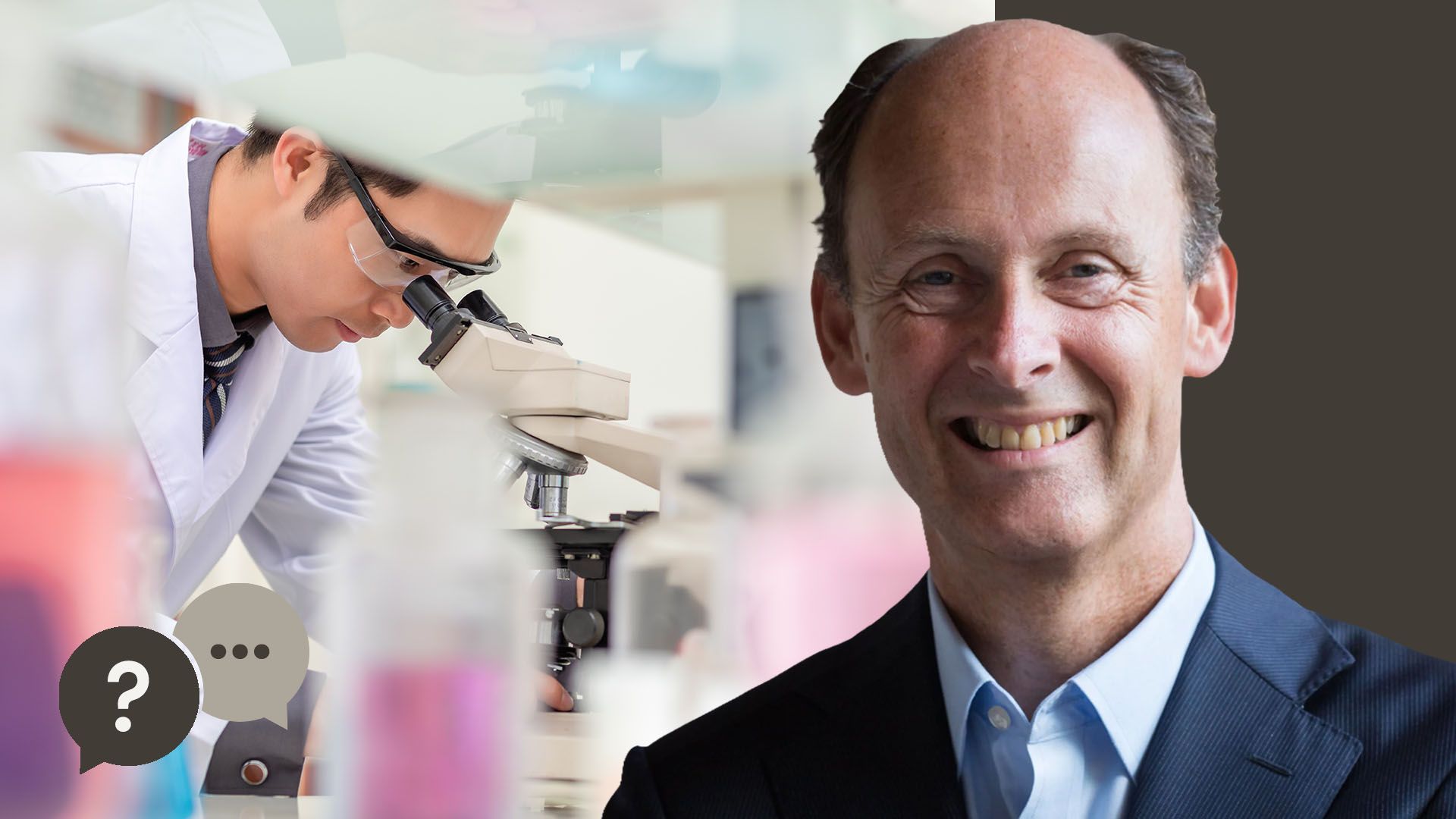 Split image showing a scientist looking through a microscope in a lab beside a portrait of a smiling man in a suit, with speech‑bubble icons in the corner.