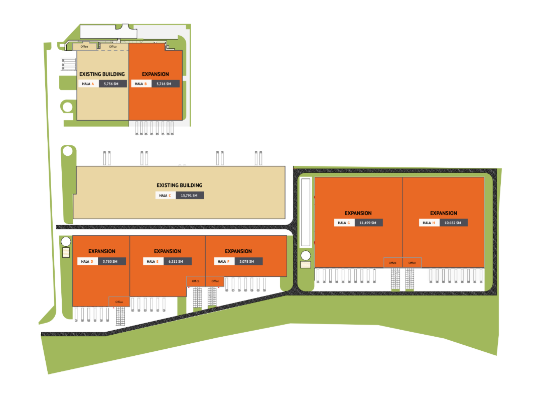 A site plan diagram showing existing buildings and planned expansions for an industrial complex, with labeled sections and office areas.