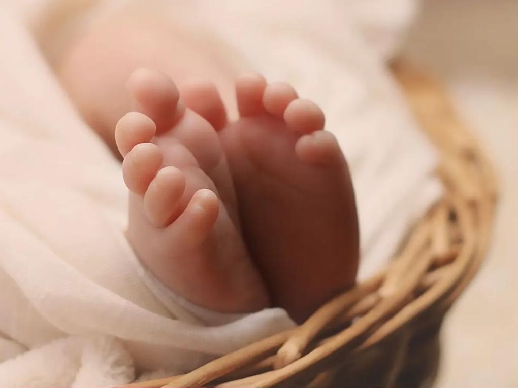 Close-up of a baby's feet resting on a soft, white blanket in a woven basket.
