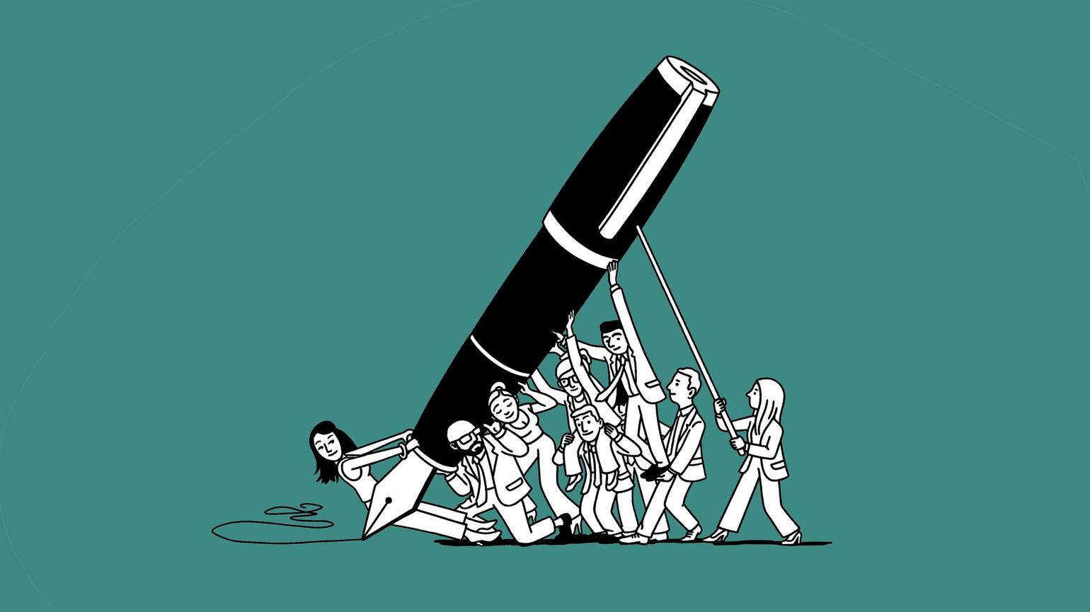 A dozen people hold up a giant pen.