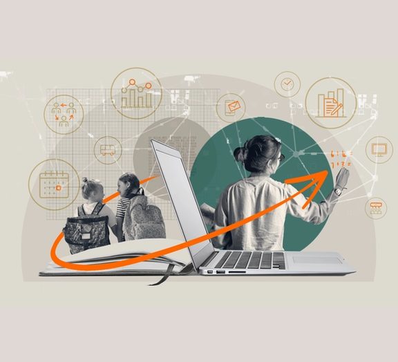 Illustration of children, a laptop, and a woman drawing an upward arrow, surrounded by icons representing data, learning, and planning.