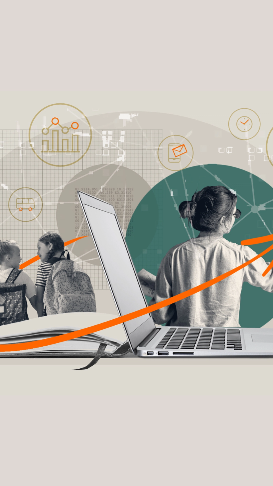 Illustration of children, a laptop, and a woman drawing an upward arrow, surrounded by icons representing data, learning, and planning.
