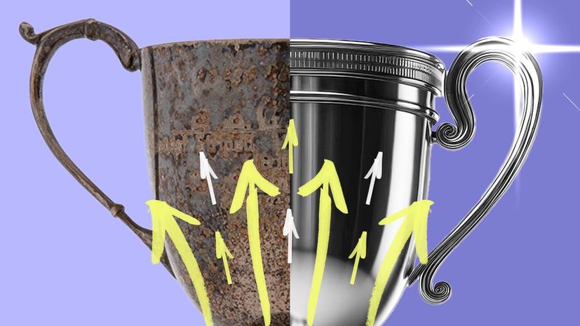 Arrows point upward on a trophy, half of which is shiny while the other half is tarnished.