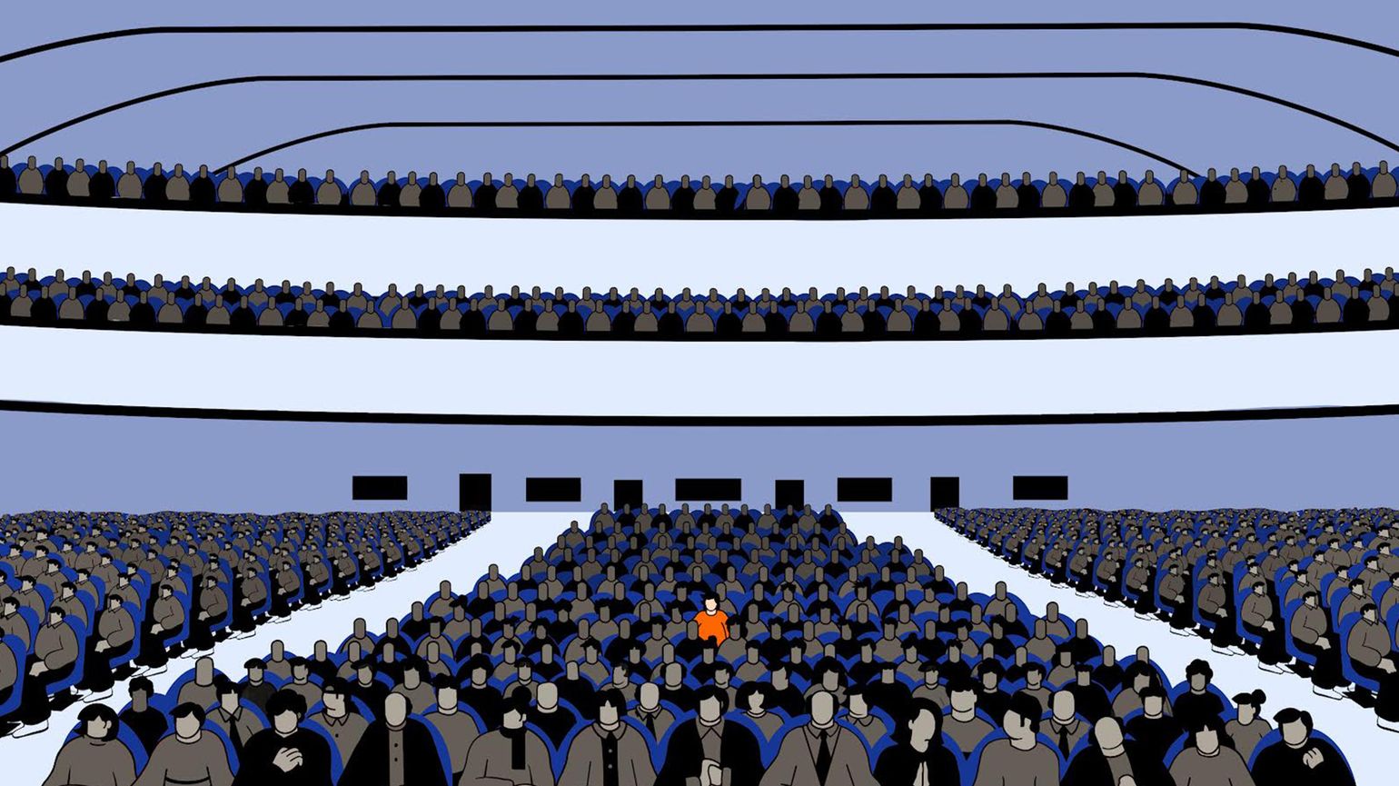 A figure in an orange shirt sits among many figures wearing dark clothes.