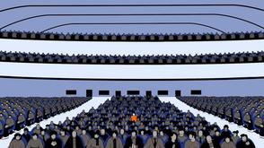 A figure in an orange shirt sits among many figures wearing dark clothes.