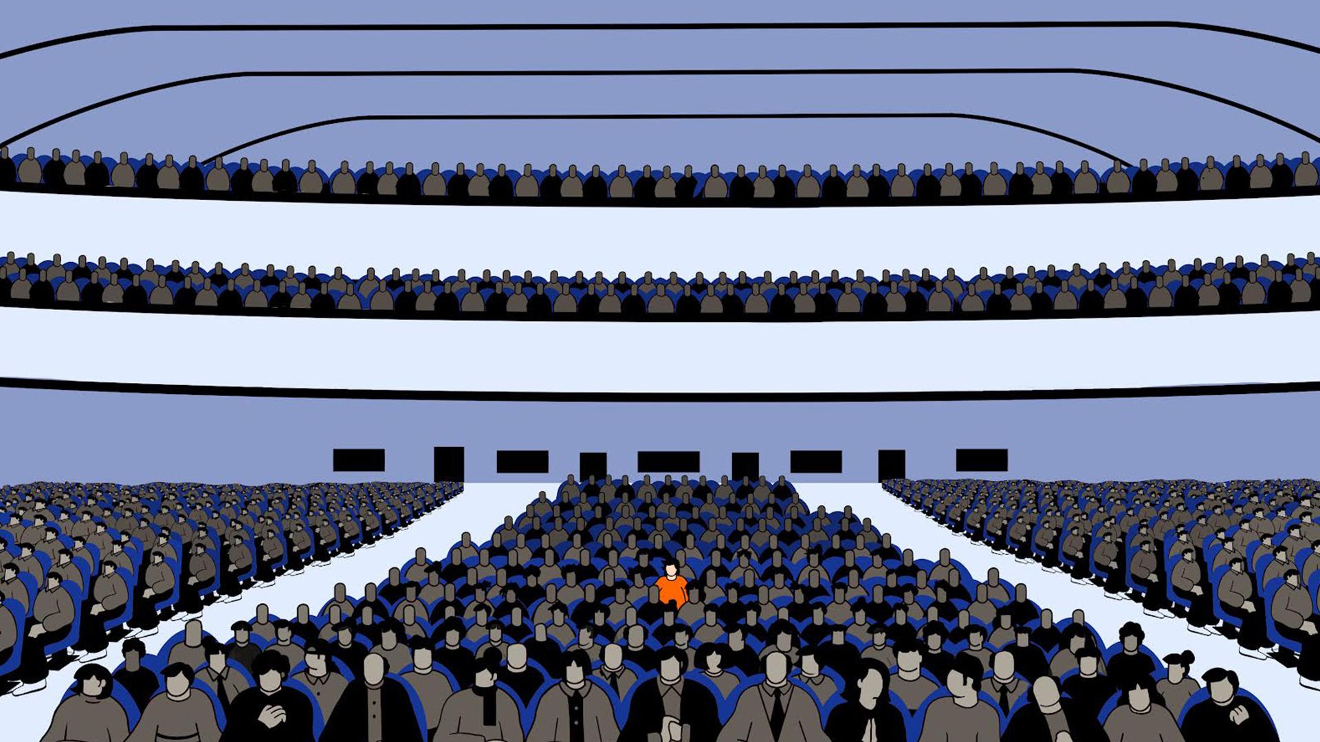 A figure in an orange shirt sits among many figures wearing dark clothes.
