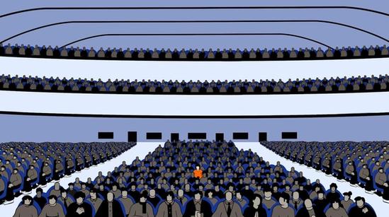 A figure in an orange shirt sits among many figures wearing dark clothes.