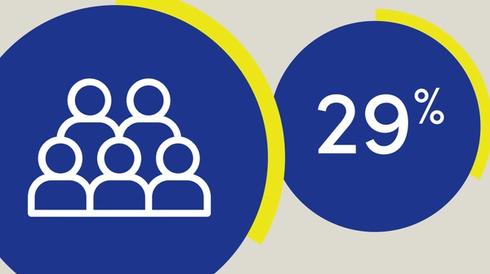 A graphic showing a group of people icon next to a large "29%" in white text on a blue background.