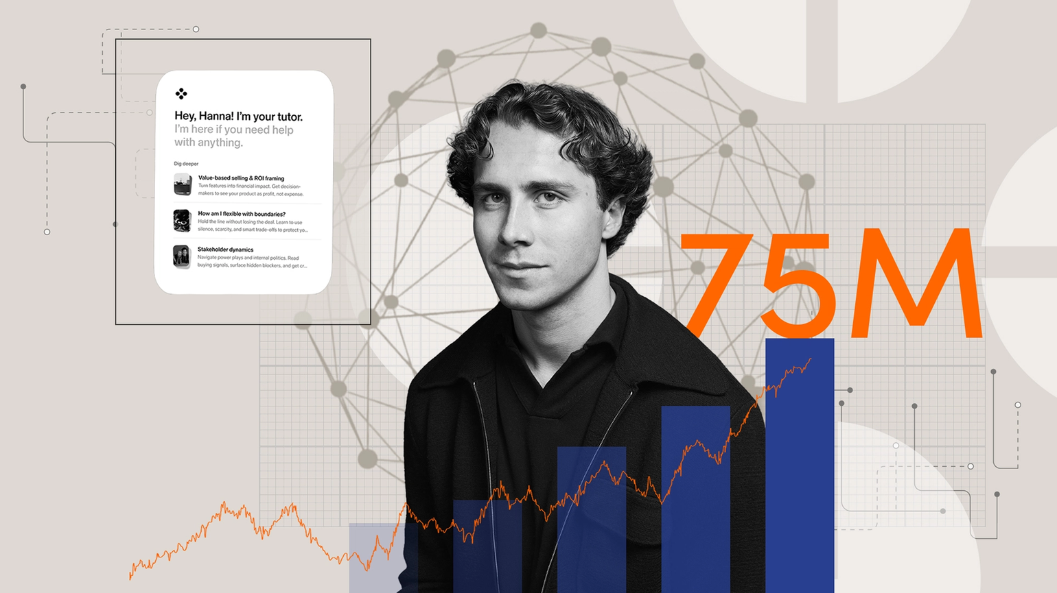 Collage featuring a person in black-and-white beside digital network graphics, a tutoring app screen, blue bar charts, an orange line graph, and the number 75M in large orange text.