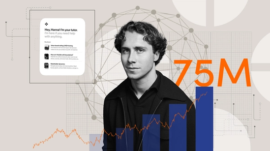 Collage featuring a person in black-and-white beside digital network graphics, a tutoring app screen, blue bar charts, an orange line graph, and the number 75M in large orange text.