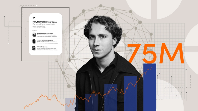Collage featuring a person in black-and-white beside digital network graphics, a tutoring app screen, blue bar charts, an orange line graph, and the number 75M in large orange text.
