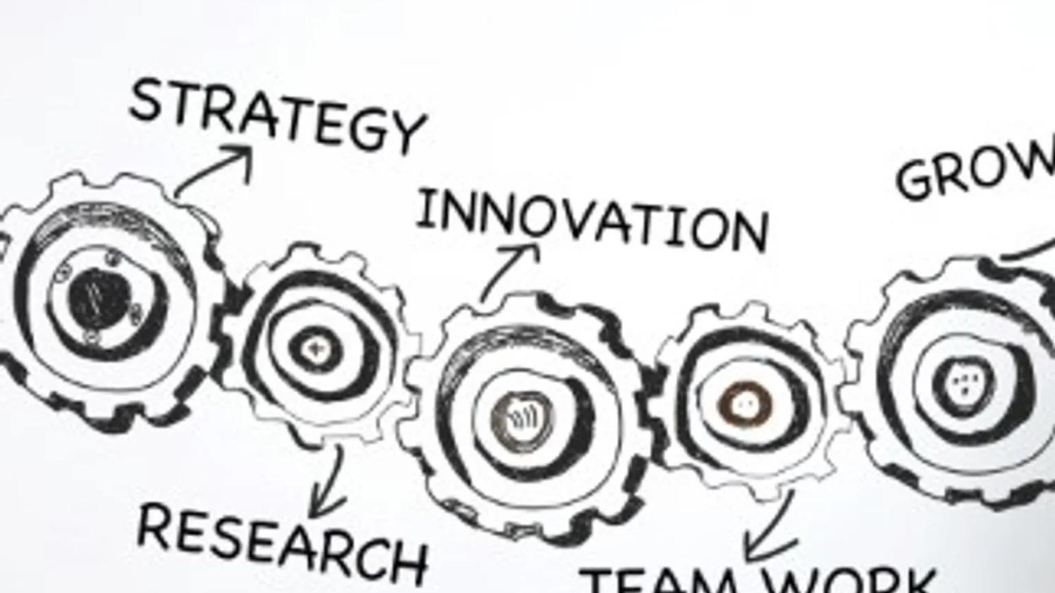 Illustration of interconnected gears labeled with words: "Strategy," "Research," "Innovation," "Team Work," and "Growth."