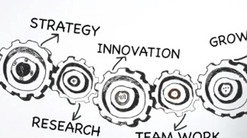 Illustration of interconnected gears labeled with words: "Strategy," "Research," "Innovation," "Team Work," and "Growth."