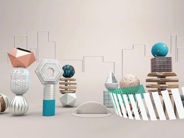 A collection of abstract geometric sculptures in various shapes and textures.