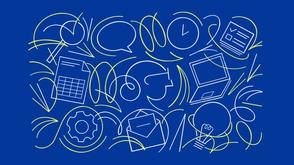 Icons signifying office work appear on a blue background.